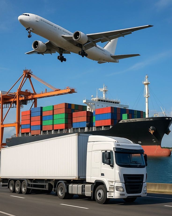 Avion, navire et camion cargo au port