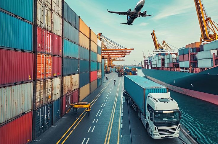 Port de conteneurs avec avion cargo au décollage